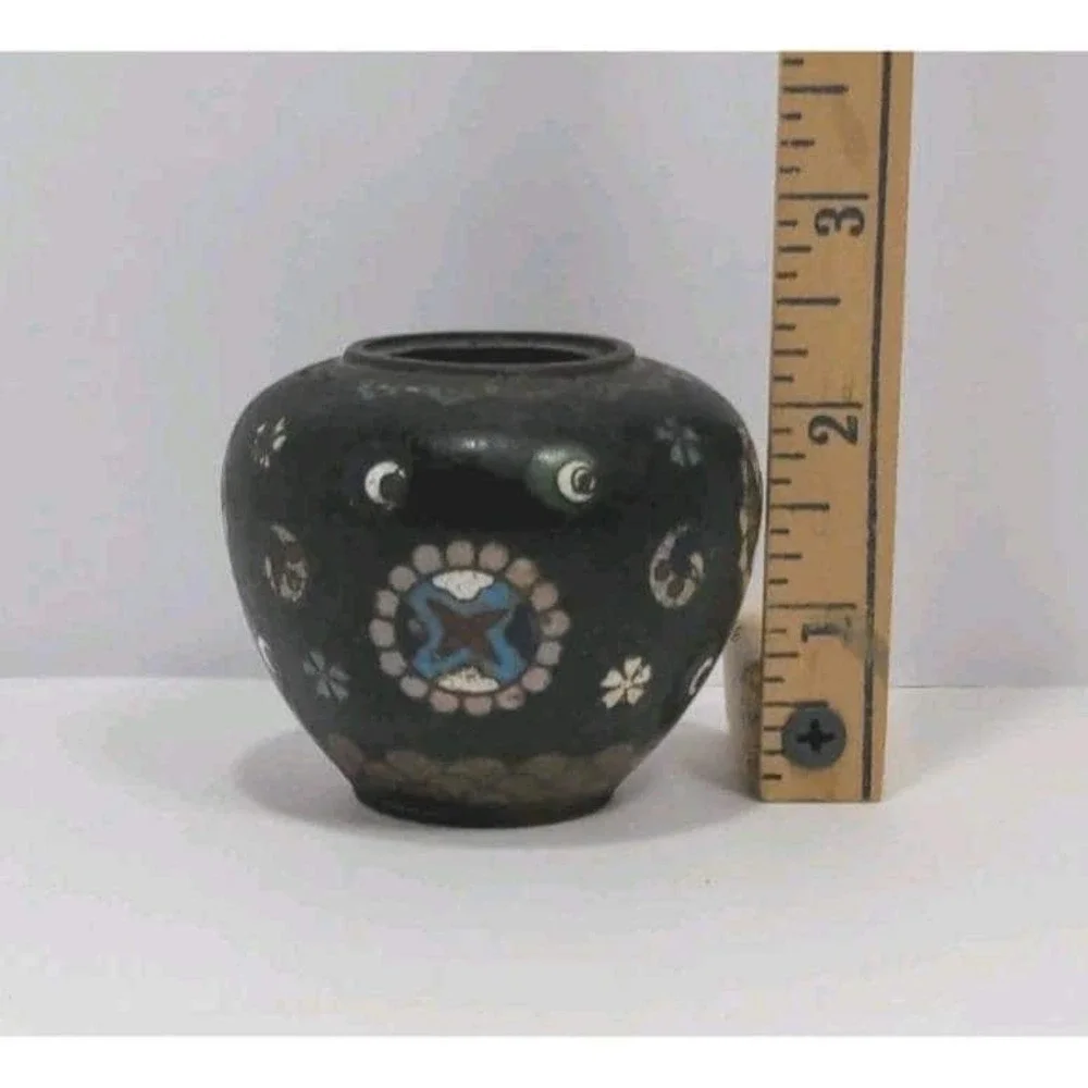 Vintage Cloisonne Mini Vase Black Floral Enamel 2.5